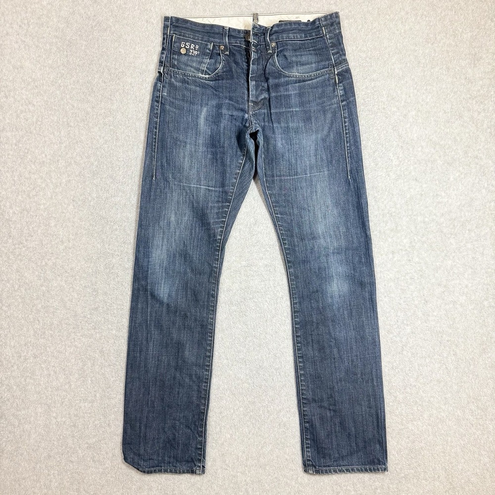 G Star Raw Jeans Mens 30x32 Blue Structor Slim Blue Whisker Faded Button Fly Y2k